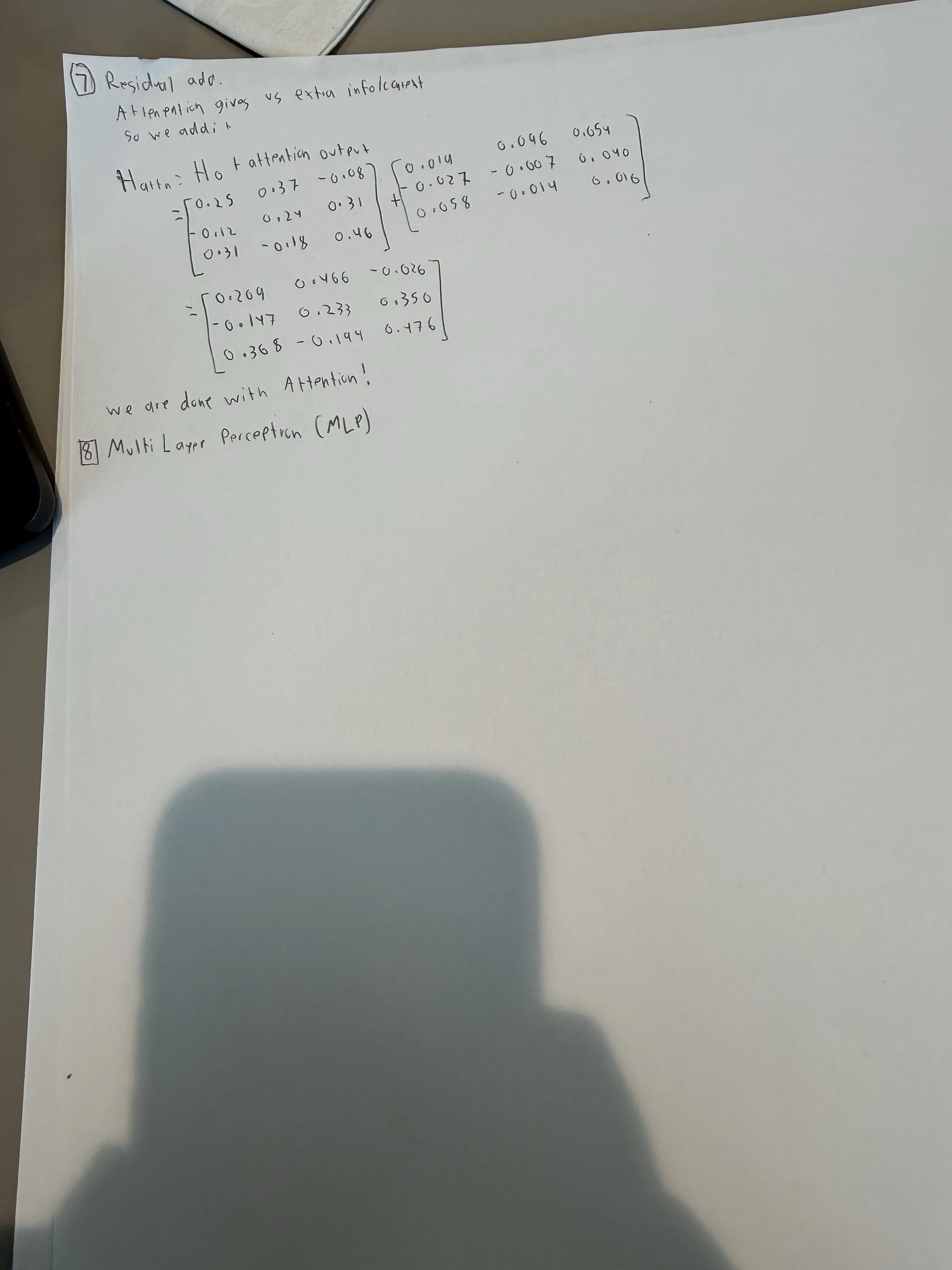 Handwritten residual connection and MLP notes